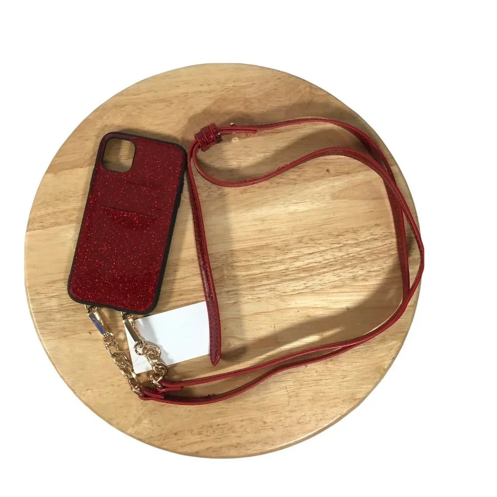 NEW Nordstrom Iphone 11 Case Card Holder Detach Crossbody Strap Red Glitter
